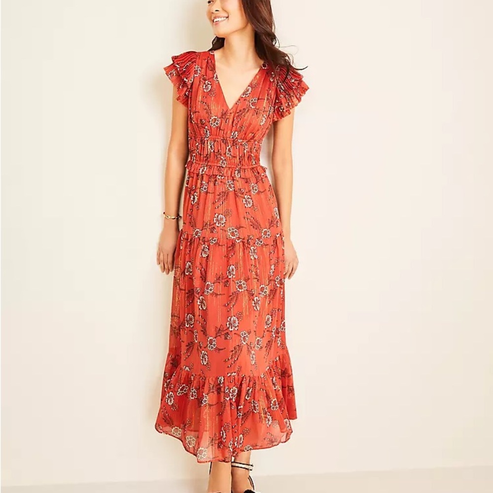 Ann Taylor Petite Shimmer Floral Flutter Sleeve Maxi Dress